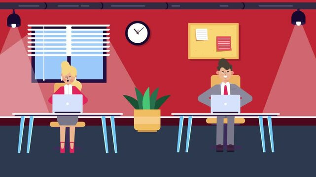 Couple working on pc in office. 2d animated character. 2d cartoon character.