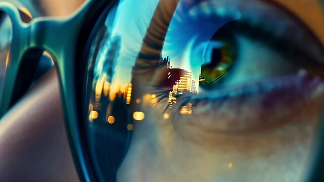 Close up eyeglasses by night. Reflection at the glasses from trees outdoors. Close up of woman's eyes with black female glasses for working at a computer. Eye protection from blue light and rays. 4k