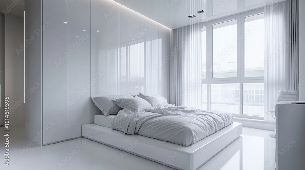 Poster a spacious bedroom featuring a large bed with soft bedding, bright natural light flooding through ex