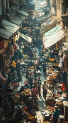 Fototapeta premium Vibrant market scene bustling with people and colorful stalls filled with fresh produce and spices in a narrow street.
