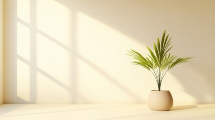 A white room with a large window and a potted plant in a white vase