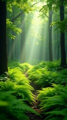 Obraz premium Lush Green Forest With Sunlight Filtering Through The Canopy