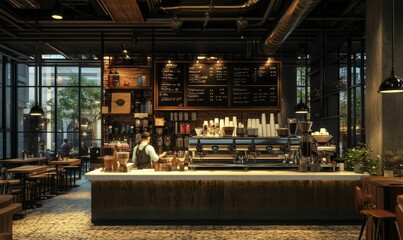 Industrial coffee shop with espresso machine.