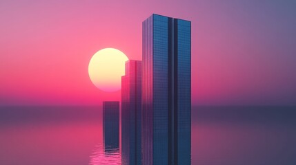 Fototapeta premium Isolated synthwave skyscraper set against a clean backdrop, creating a sense of space.