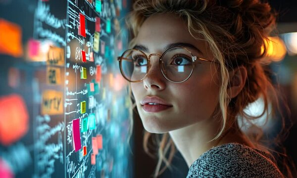 Woman in Glasses Looking at Whiteboard
