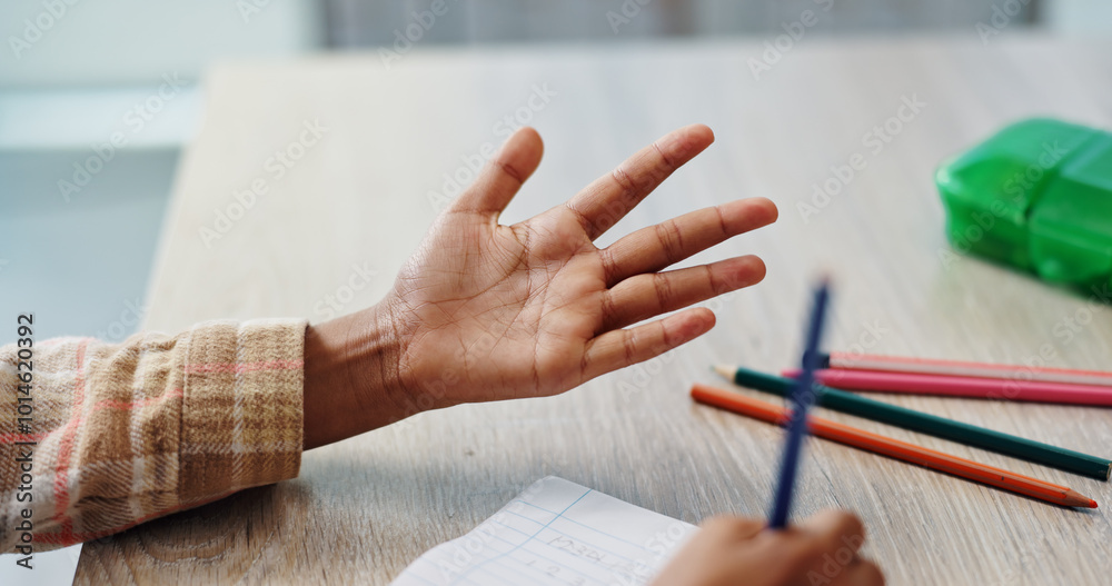 Poster Hands, education and child in classroom, counting and writing of homework, notebook and learning of math. Back to school, growth and development of kid, studying and numbers for test and knowledge