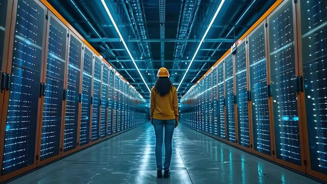 A person standing in a data center, surrounded by rows of servers with blue and orange lighting.