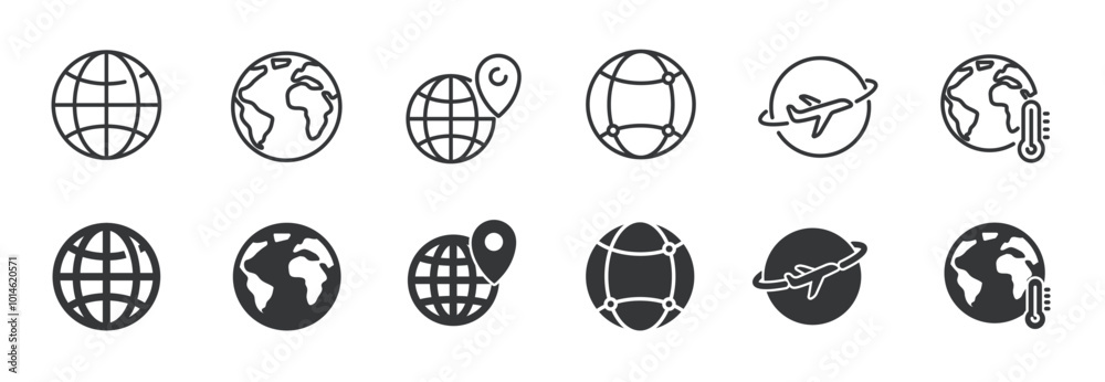 Wall mural globe and network line and glyph solid icons collection. minimal icon and symbol series vector illus