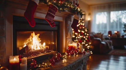 Christmas mantlepiece with christmas socks. ai generated