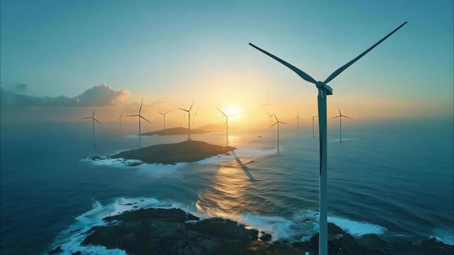 A stunning sunset over the ocean with wind turbines on a small island, showcasing renewable energy and nature.