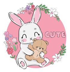 Hand drawn cute bunny with toy teddy bear vector illustration 