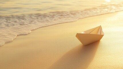 Serene Minimalist Paper Boat on Sandy Beach, gentle waves lapping, soft light creating a tranquil atmosphere, inviting contemplation and peace