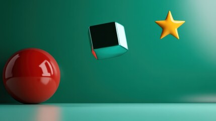 A reflective silver cube and golden star hover over a vibrant red sphere, set against a clean teal background, showcasing dynamics and vibrant color.