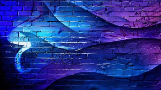 A vibrant mural featuring wavy patterns in shades of blue and purple, with some graffiti elements on a brick wall.