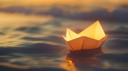 Serene Minimalist Boat on Sandy Beach, a tranquil paper boat rests on smooth sands, gentle light enhances its simplicity and calmness