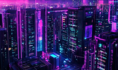 Obraz premium Neon-lit cityscape with tall, futuristic buildings.