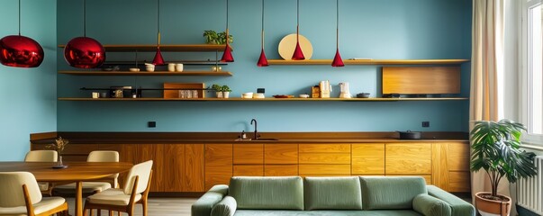 Chic flat with amber kitchen cabinets, wooden shelves, sky blue walls, ruby pendant lights, olive green sofa, and ivory dining chairs