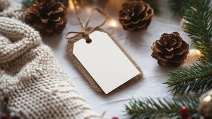 Christmas gift tag mockup with present box, product label mockup, with natural fir tree branch, cones and Christmas decoration, Christmas sale concept, ai generated