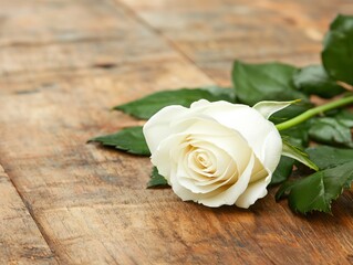 A delicate white rose elegantly placed on a rustic wooden table, symbolizing purity and beauty in nature.