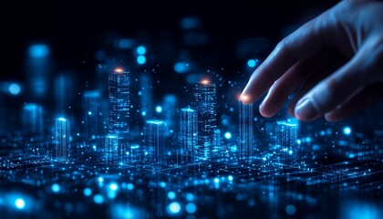 Obraz premium A futuristic hand reaching towards a digital cityscape, illuminated with vibrant blue lights, illustrating technology and innovation.