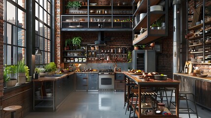Luxury interior of a modern kitchen in a loft style