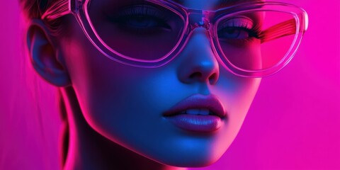 A woman in oversized glasses illuminated by vibrant neon vaporwave lights © BrandwayArt