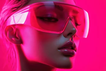 Stylish individual wearing vibrant pink sunglasses in a vaporwave setting © BrandwayArt