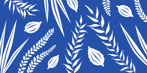 Beautiful floral background for Sukkot, Feast of Tabernacles and of Harvest. Jewish Holiday Banner in Blue and White colors with arba minim, four species: etrog and palm, myrtle and willow branches.