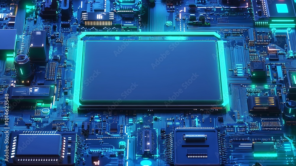 Poster futuristic blue and green circuit board with glowing empty screen.