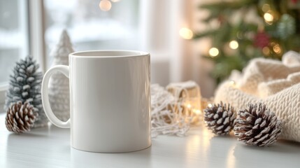 White ceramic tea mug with Christmas decoration and copy space for your design. Mockup for xmas promotional content. ai generated