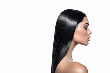 Fototapeta premium Woman with radiant skin and sleek black hair, her hair glossy and smooth. The image is isolated on a white background, ideal for promoting professional shampoo treatments.