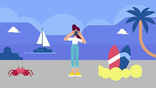 A young girl taking pictures on the beach. 2d animated character. cartoon character