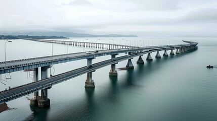 Bird's Eye View of Vast Bridge with Iron Pillars and Cars, Mysterious Gray Sky and Clouds