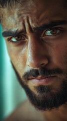 Obraz premium A handsome man with athletic build and captivating eyes gazes intently