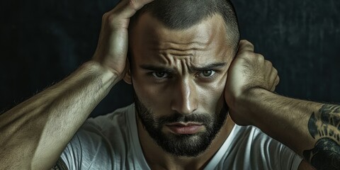 Fototapeta premium Athletic man with striking features and tattoos in a moody portrait setting