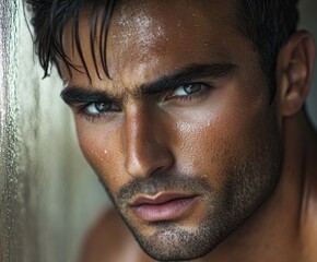 Obraz premium Athletic handsome man posing confidently with glistening skin in a studio