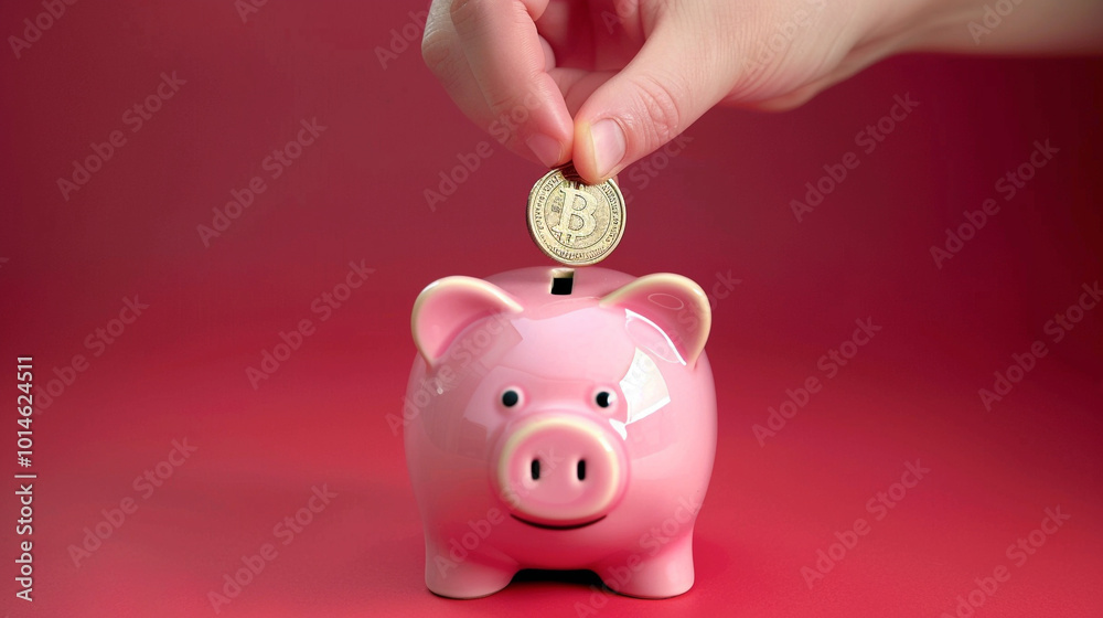 Wall mural hand put coin to piggy bank