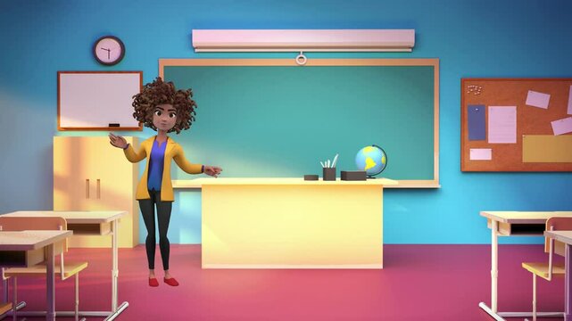 A female teacher giving lecture in the classroom. 3d animated character