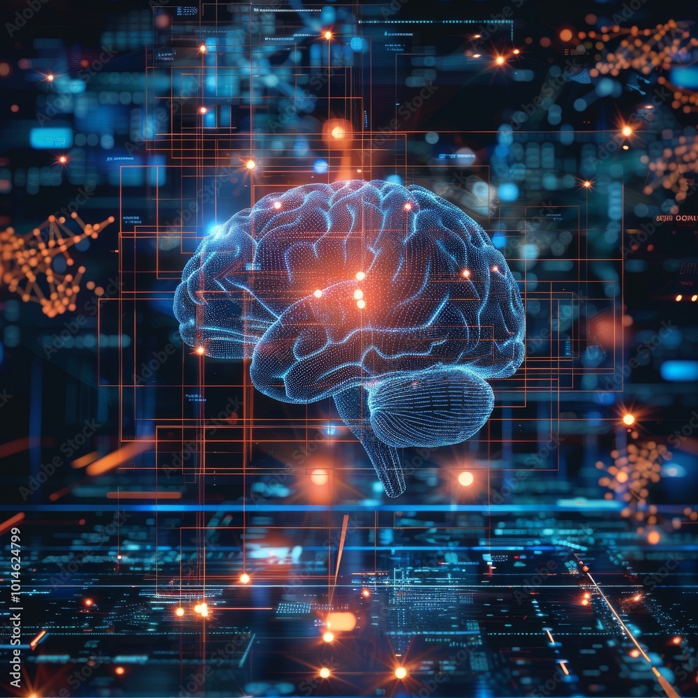 Poster a digital representation of a brain with neural network connections, showcasing advanced technology 