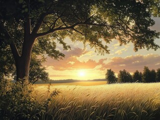 Fototapeta premium Golden sunlight over a tranquil countryside field at sunset