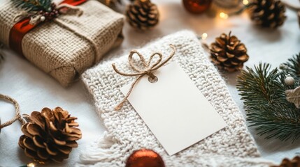 Christmas gift tag mockup with present box, product label mockup, with natural fir tree branch, cones and Christmas decoration, Christmas sale concept, ai generated