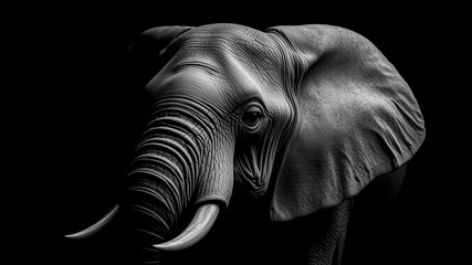 Beautiful dramatic portrait of black and white photo of an elephant. Elephant isolated black white, animal wildlife. Soft lighted closeup animal head. Perfect artistic background. AI generated 