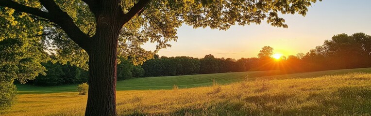 Obraz premium Sunset over a tranquil countryside field with a large tree in view