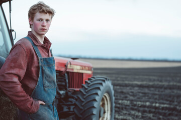 Fototapeta premium Young farmer in denim overalls and a red sweatshirt standing by a tractor in a plowed field, looking at the camera, capturing the essence of rural work and agricultural life