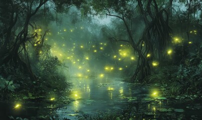 Obraz premium A stream in a dark, enchanted forest.