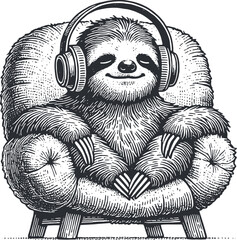 sloth sits comfortably in a soft chair relaxes listens to music on headphones. Stylish engraving illustration hand drawn vector © Dmytro