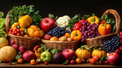 Bountiful Harvest with Overflowing Baskets of Fruits