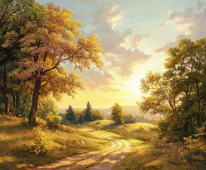 Obraz premium Sunset over a tranquil countryside with winding paths and colorful trees