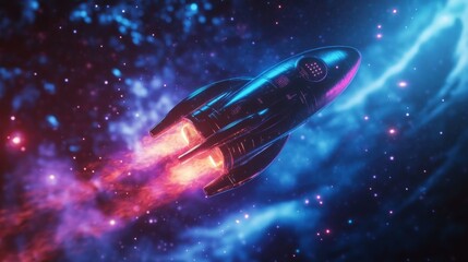 Obraz premium A sleek rocket embarks on a journey through the cosmos, leaving vivid trails of color as it glides past countless sparkling stars, capturing the wonder of deep space exploration.