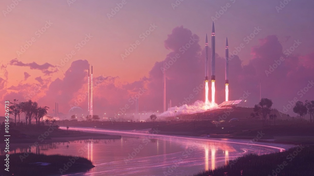 Aufkleber three rockets ignite and ascend into a colorful sky at a modern spaceport, surrounded by reflective 